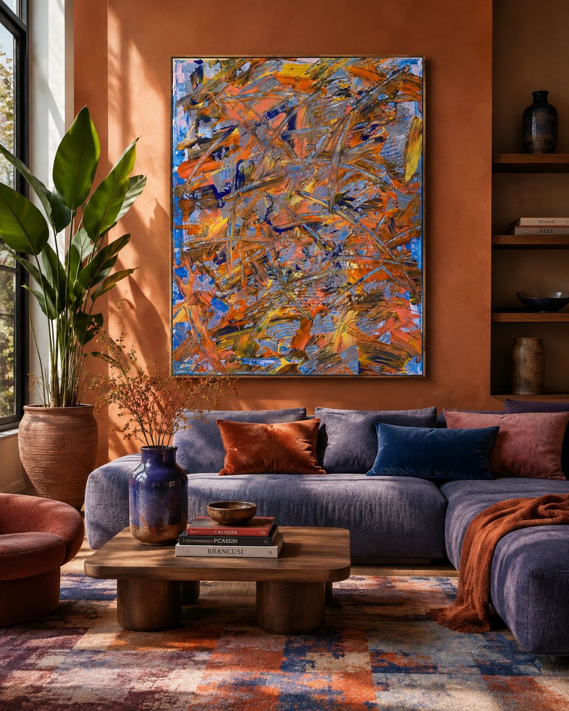 A painting above a sofa against a terracotta wall