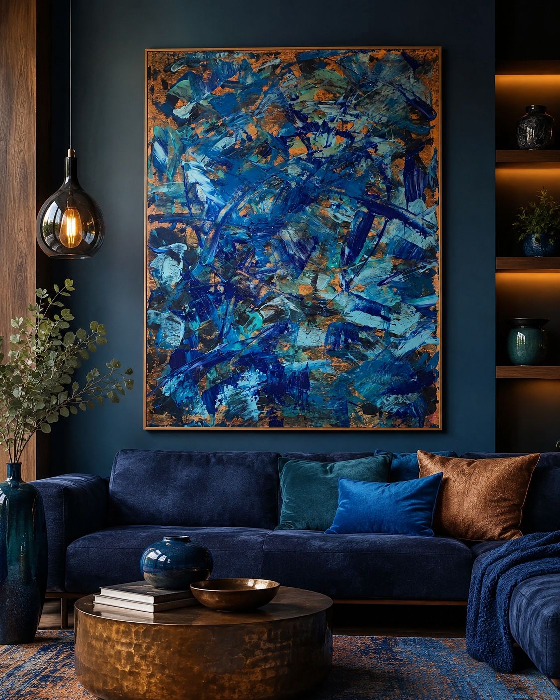A painting in a dark blue room