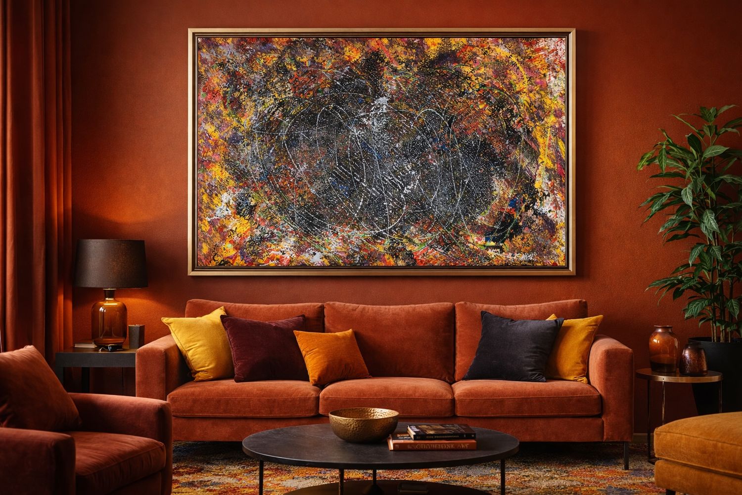 A painting above a rust-coloured sofa