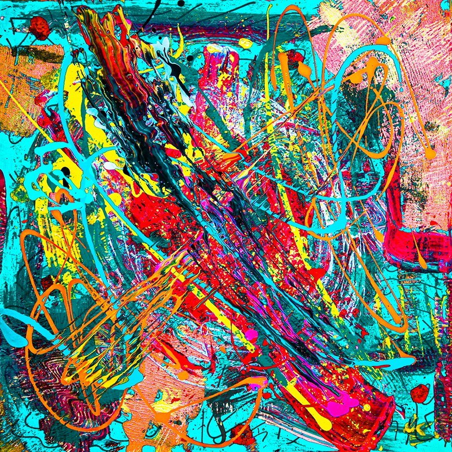 Turquoise ground with red, yellow and orange loops and splatters