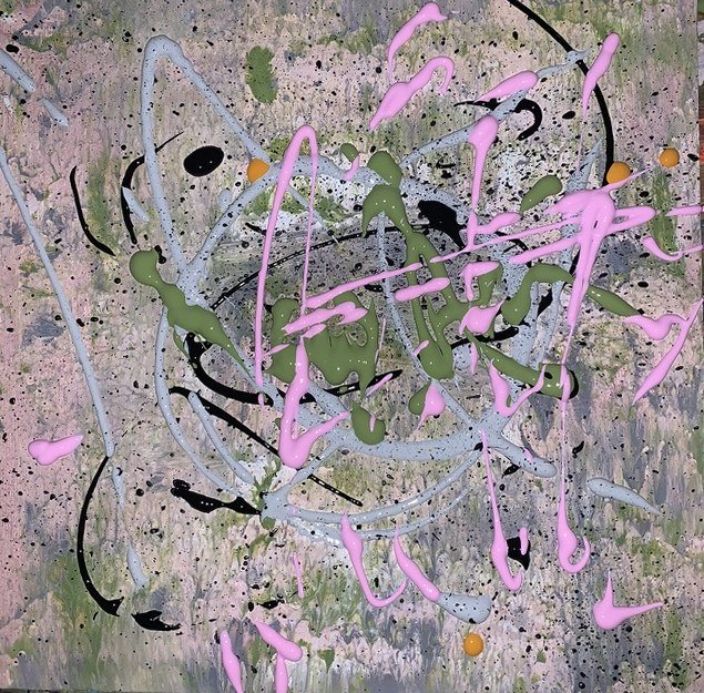 Speckled pink and green field with pink, black and pale blue poured lines