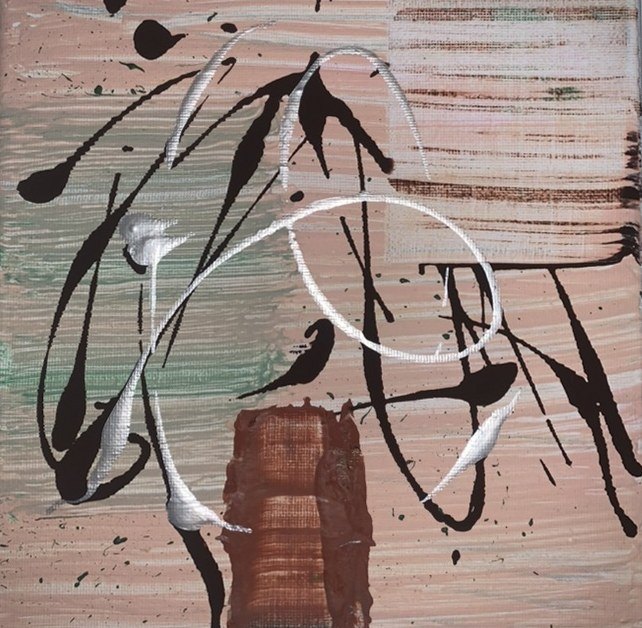 Peach and green ground with black brushstrokes and a white loop