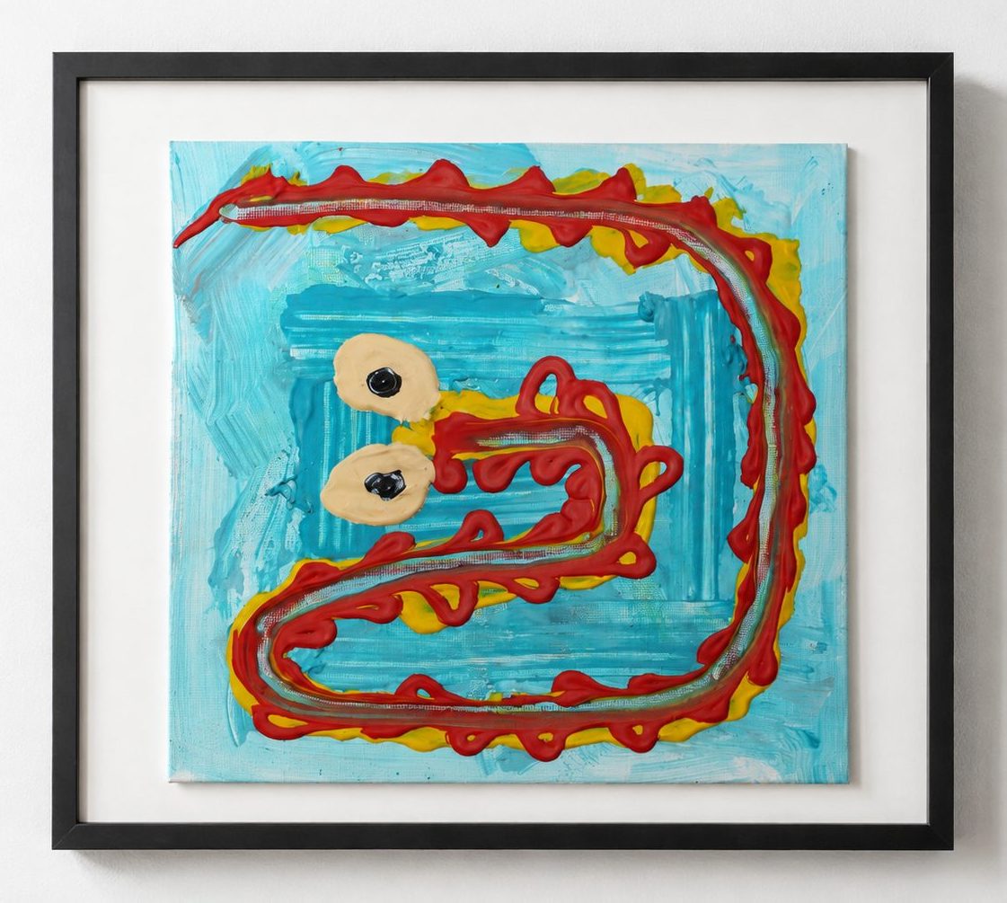 A red serpent loop on pale blue, in a black frame