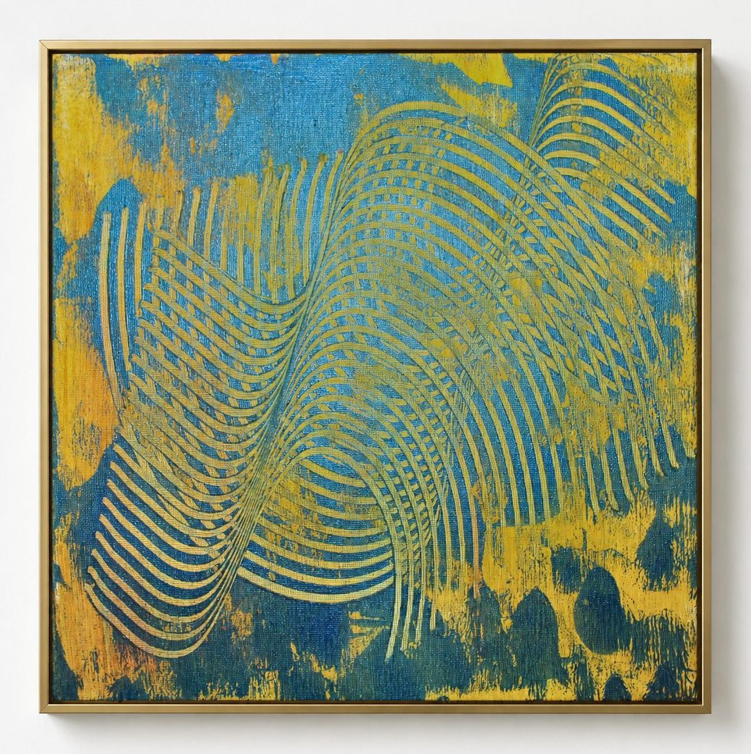 Yellow combed arcs on a blue ground, in a pale oak frame