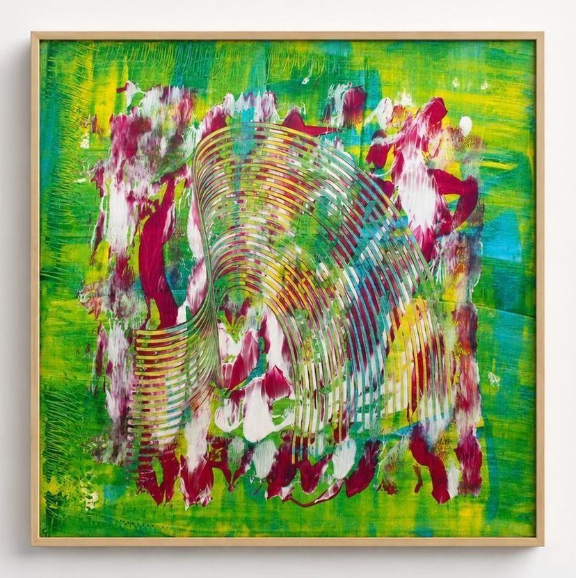 A green and yellow canvas with magenta rings, in an oak frame