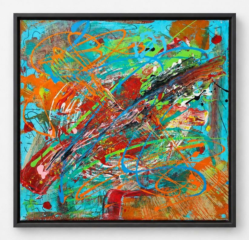A turquoise canvas crossed with orange, red and green loops, in a black frame
