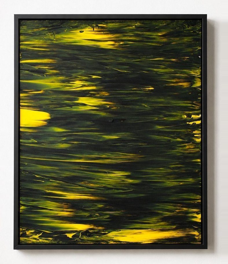 A dark green canvas streaked with yellow, in a black frame