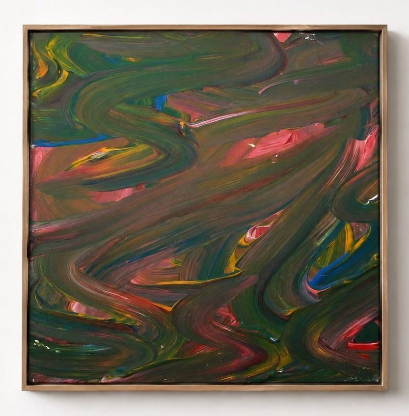 A dark canvas of swirling green, pink and yellow, in an oak frame