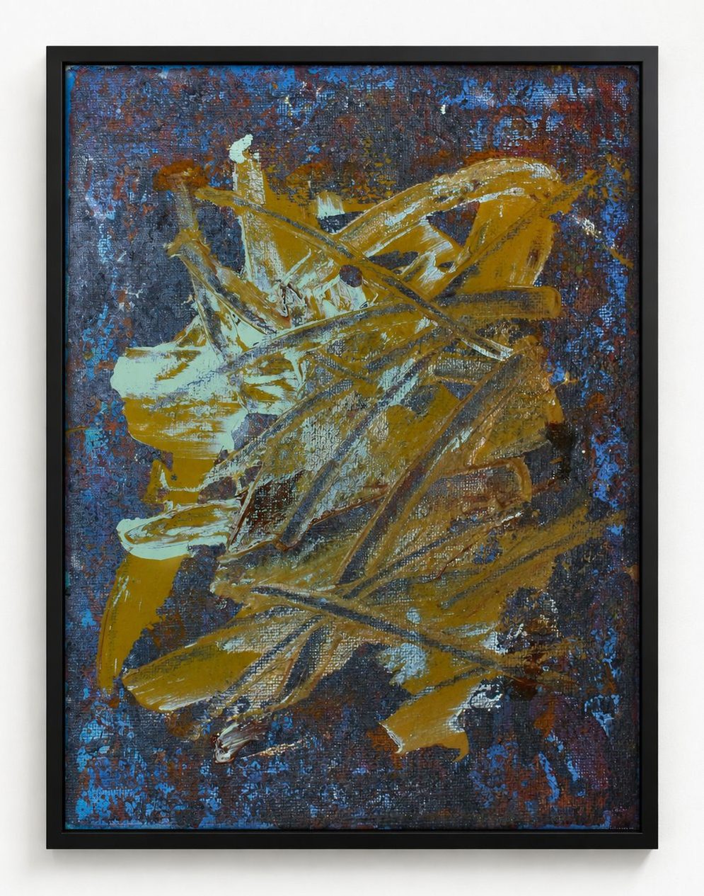 An ochre form on a dark blue ground, in a black frame
