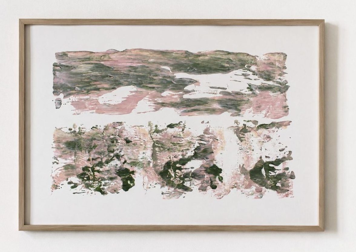Pink and green mossy bands, in a pale oak frame