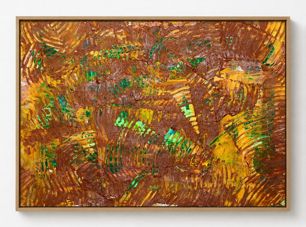 Ochre and green strokes densely layered, in a pale oak frame