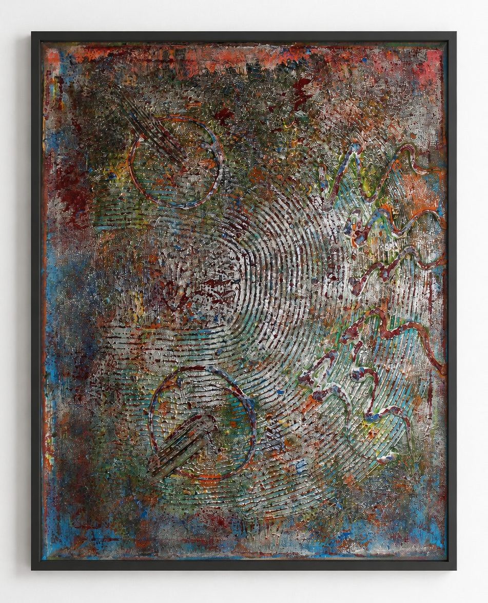 A dark green and rust combed field, in a black frame