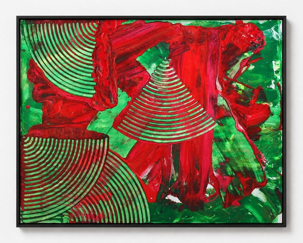 A green canvas with red poured strokes and combed arcs, in a black frame