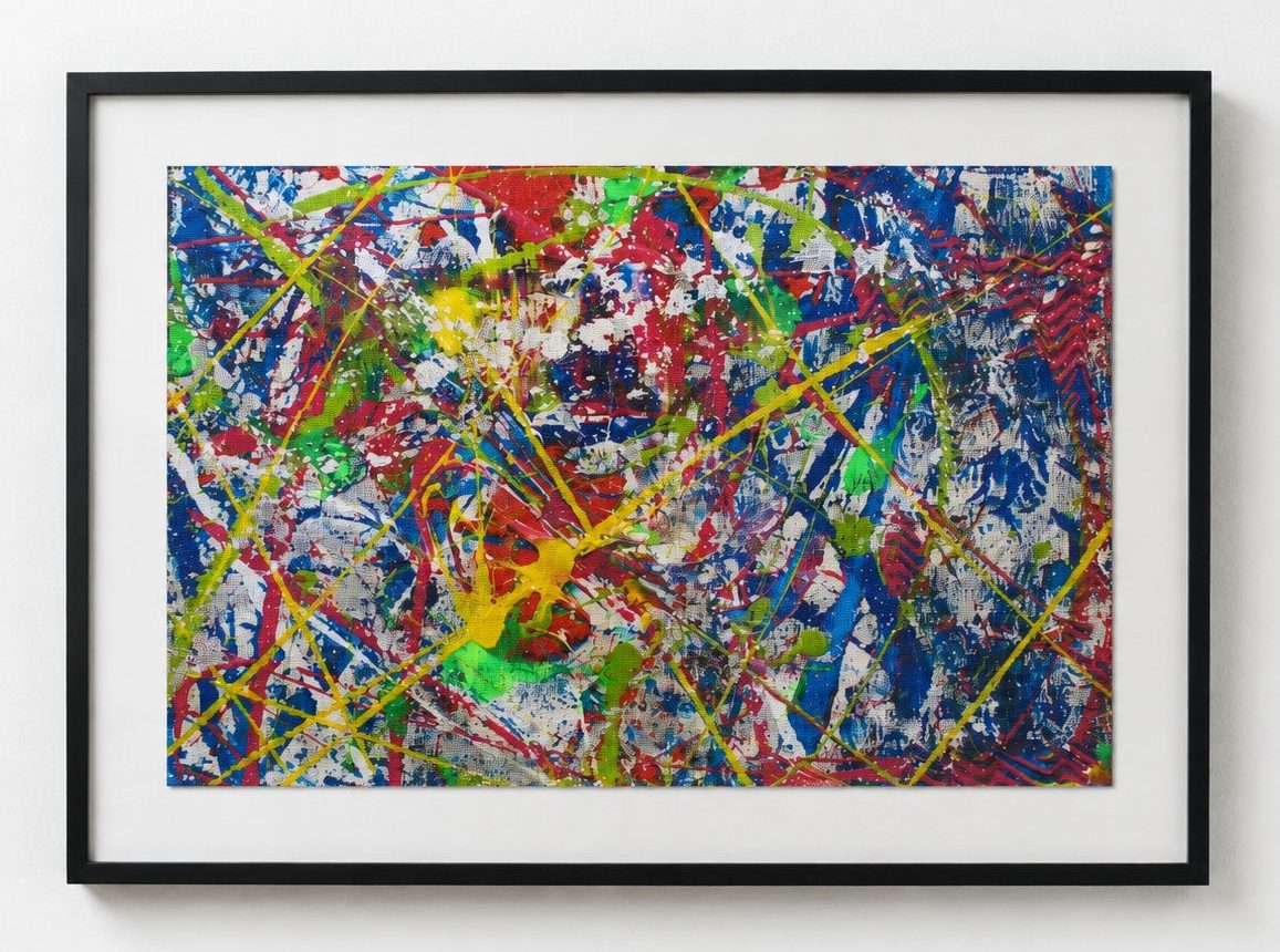 Red and green spatter with yellow threads, in a black frame