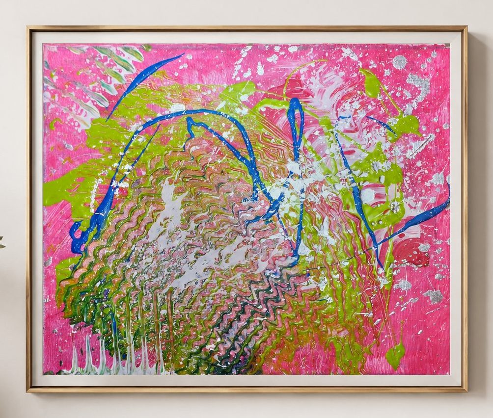 Blue lines over a pink and green ground, in a pale oak frame