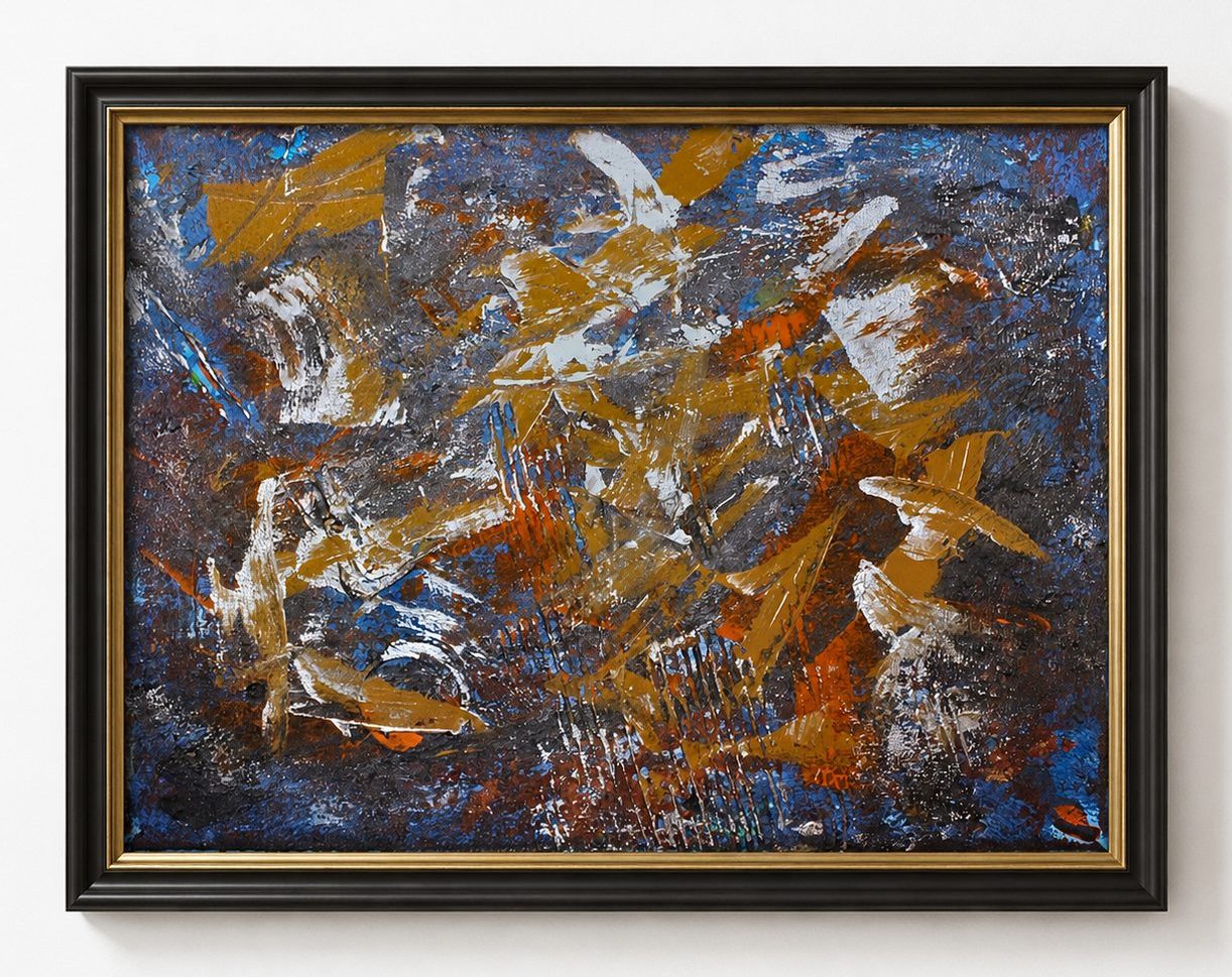 Ochre and white strokes on a dark ground, in a black frame