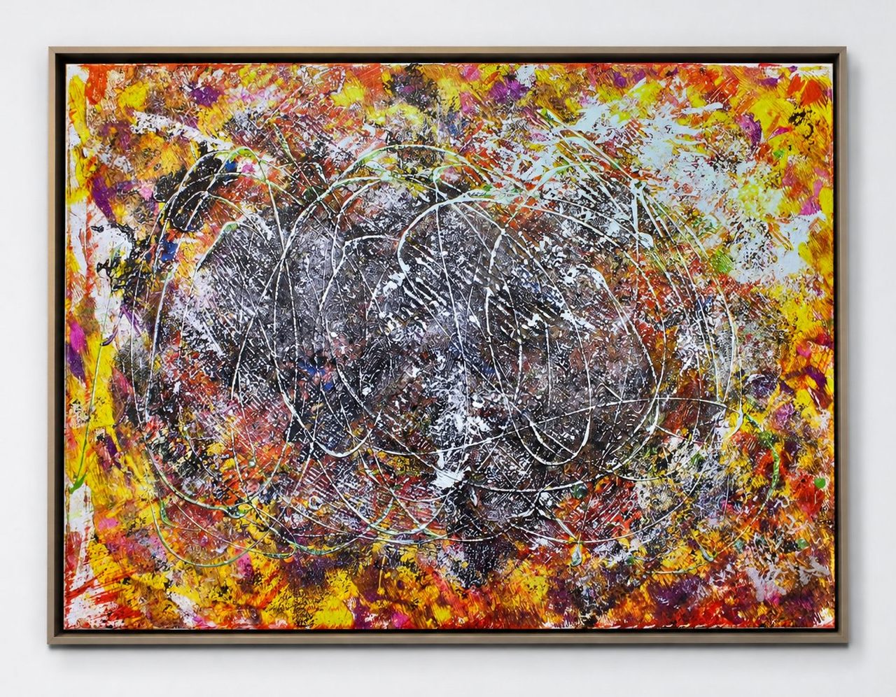 A silver mass on a yellow and red ground, in a pale oak frame