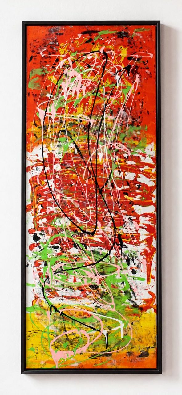 A tall canvas of red, green and yellow drips with black lines, in a black frame