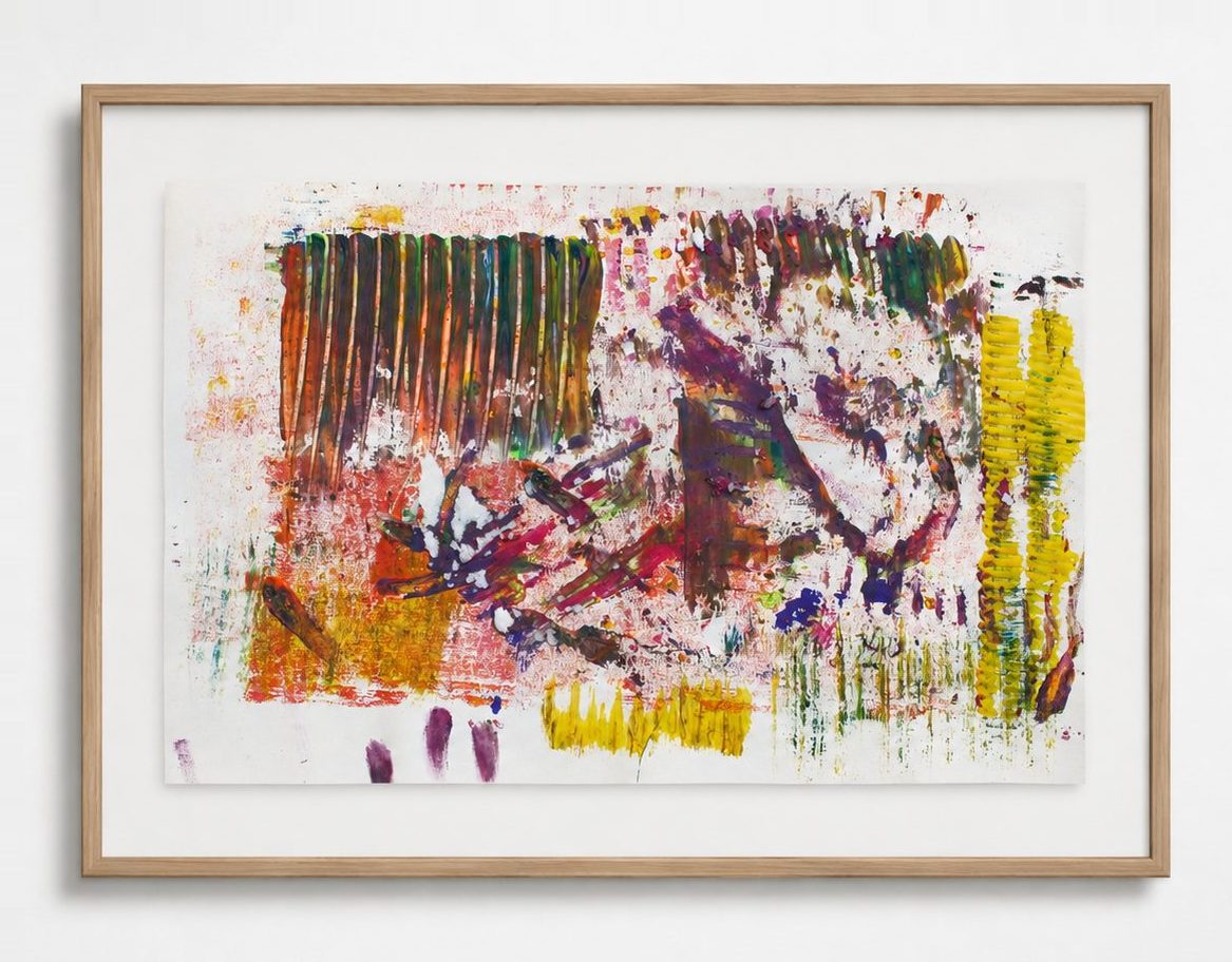 Ochre and violet combed marks on white paper, in a pale oak frame