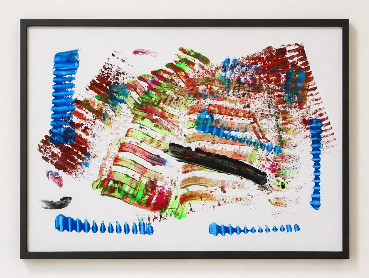 Blue, red and green stamped marks on white paper, in a black frame