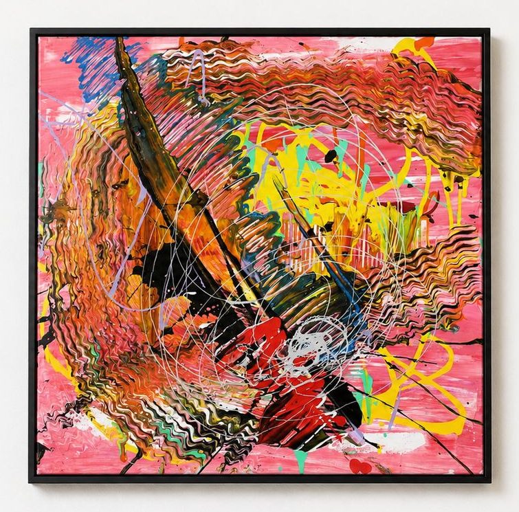 A pink canvas with orange and yellow waves and silver loops, in a black frame