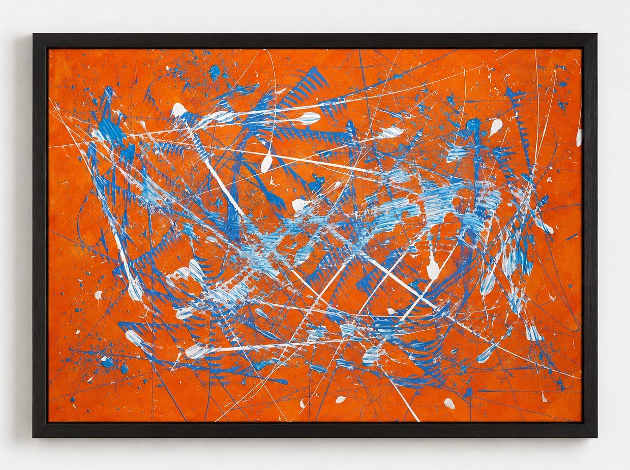 Blue scratched lines across an orange ground, in a black frame