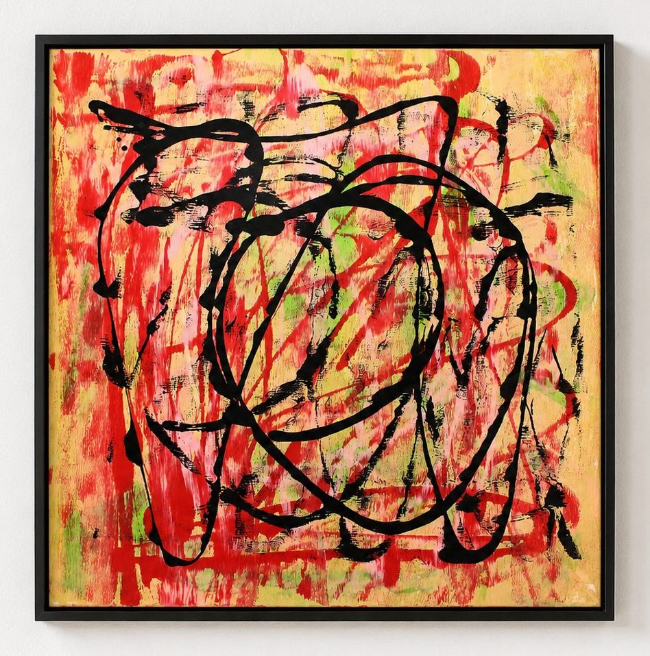 Black loops over a red and cream ground, in a black frame