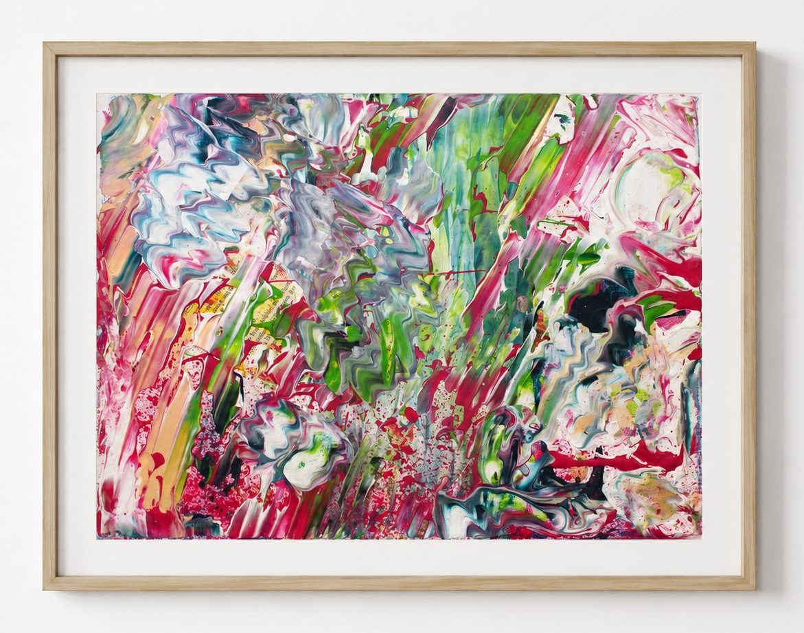 Pink and green swirls on white, in a pale oak frame