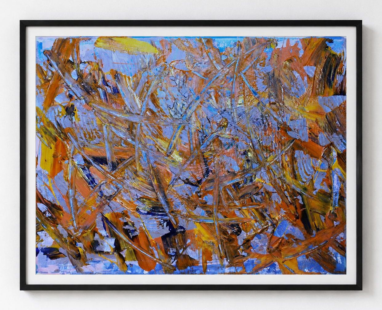 Ochre strokes over a blue ground, in a black frame