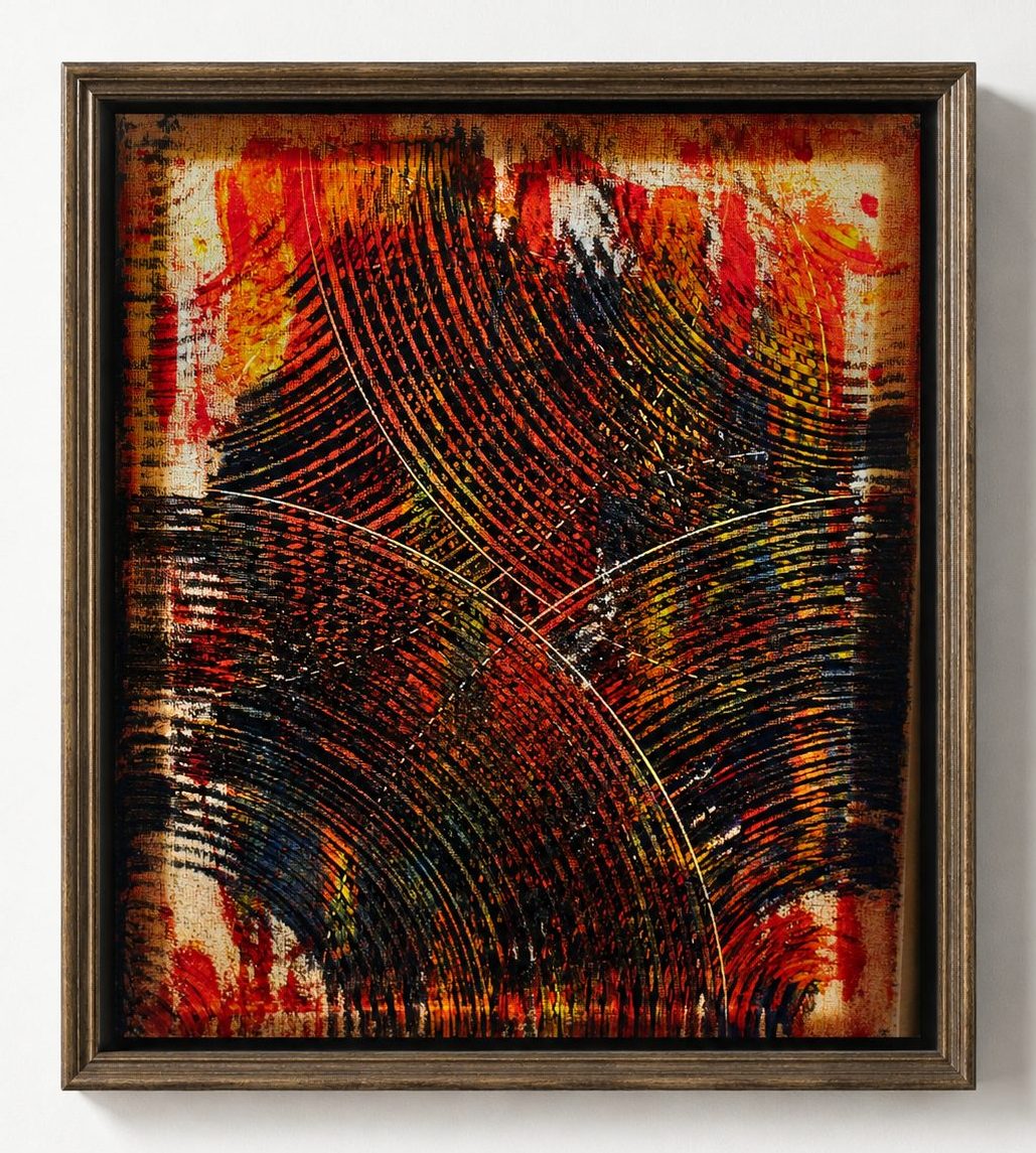 A dark comb over a red and yellow ground, in a dark oak frame