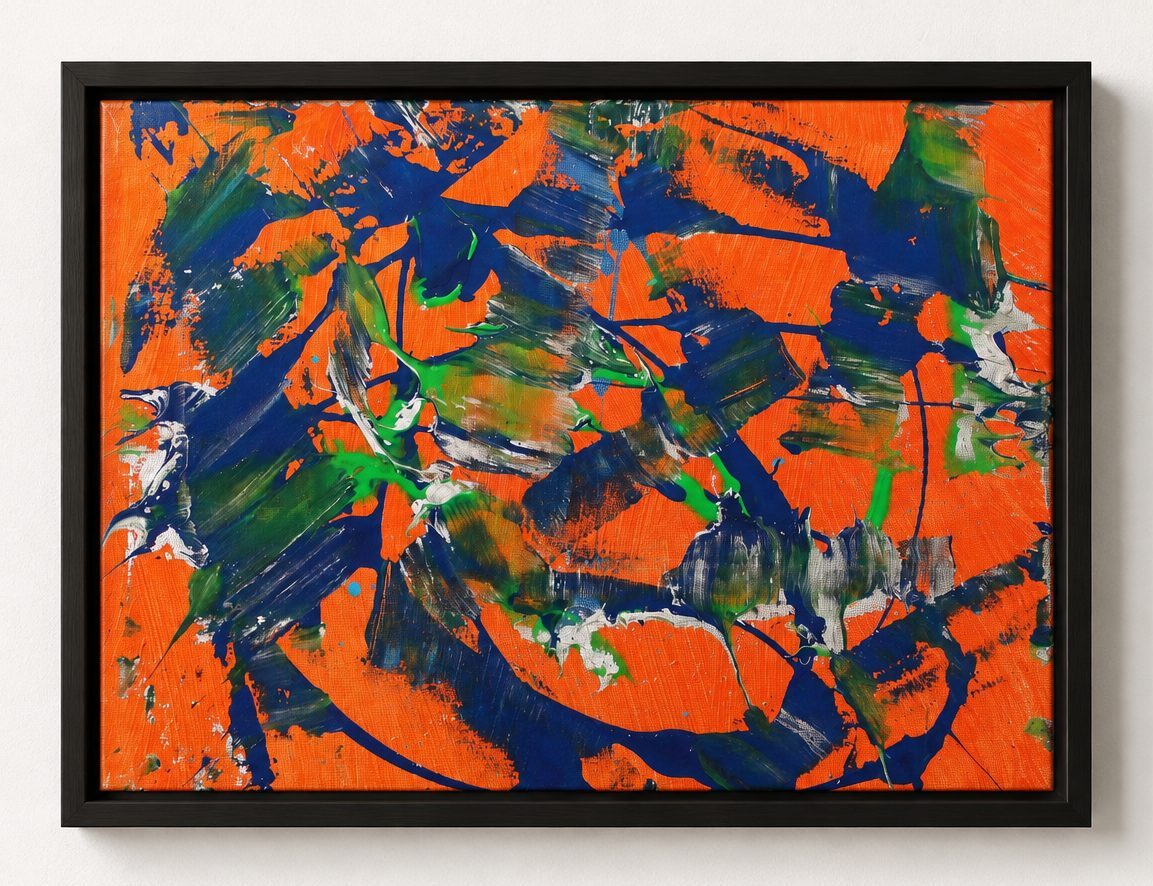 Dark green and blue strokes on an orange ground, in a black frame