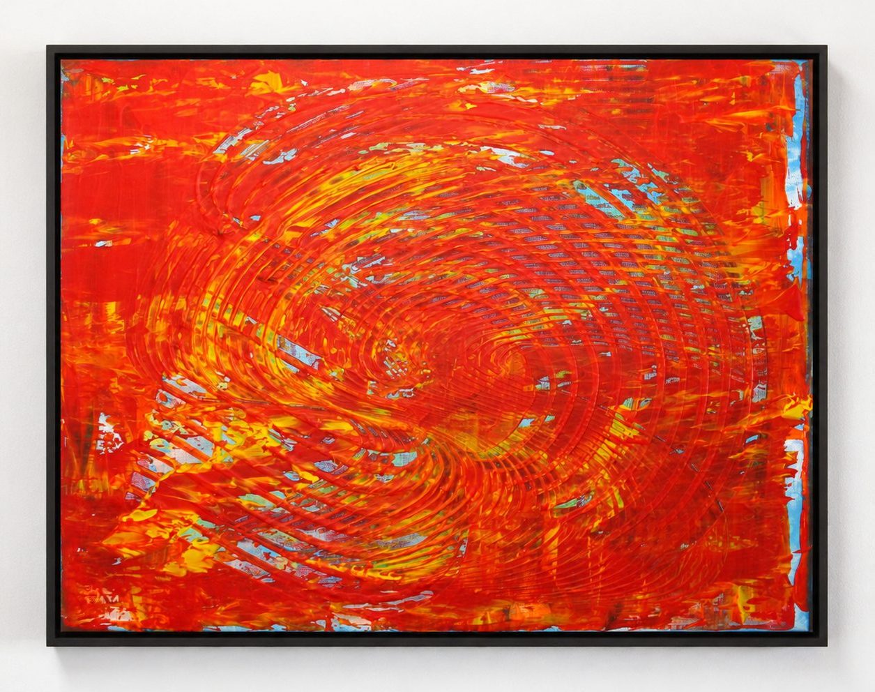 An orange red field of swirling strokes, in a black frame