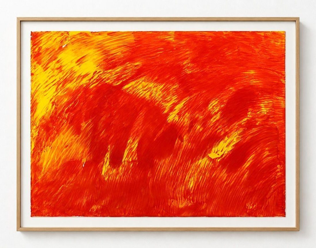 An orange and red work on paper brushed into a flame, in an oak frame