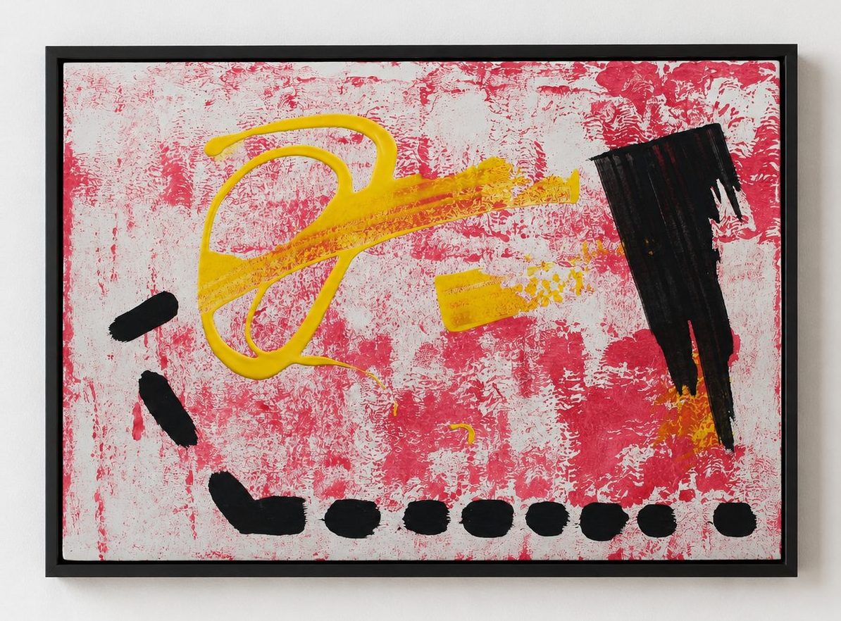 Yellow loops and black bars over a pink ground, in a black frame