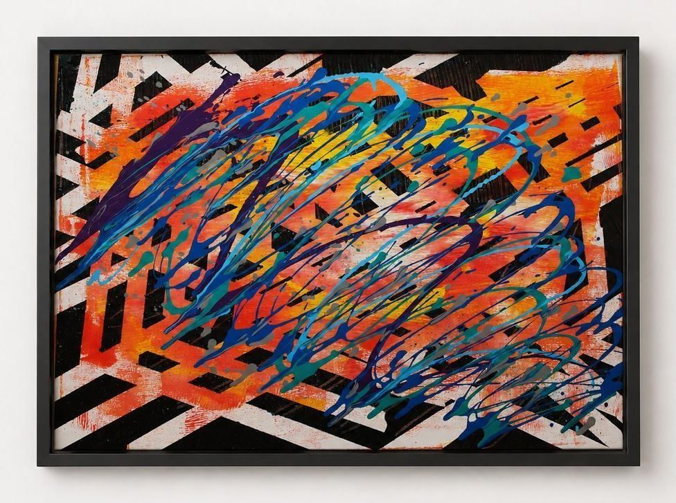 A black and white zigzag ground with orange and looping blue drips, in a black frame