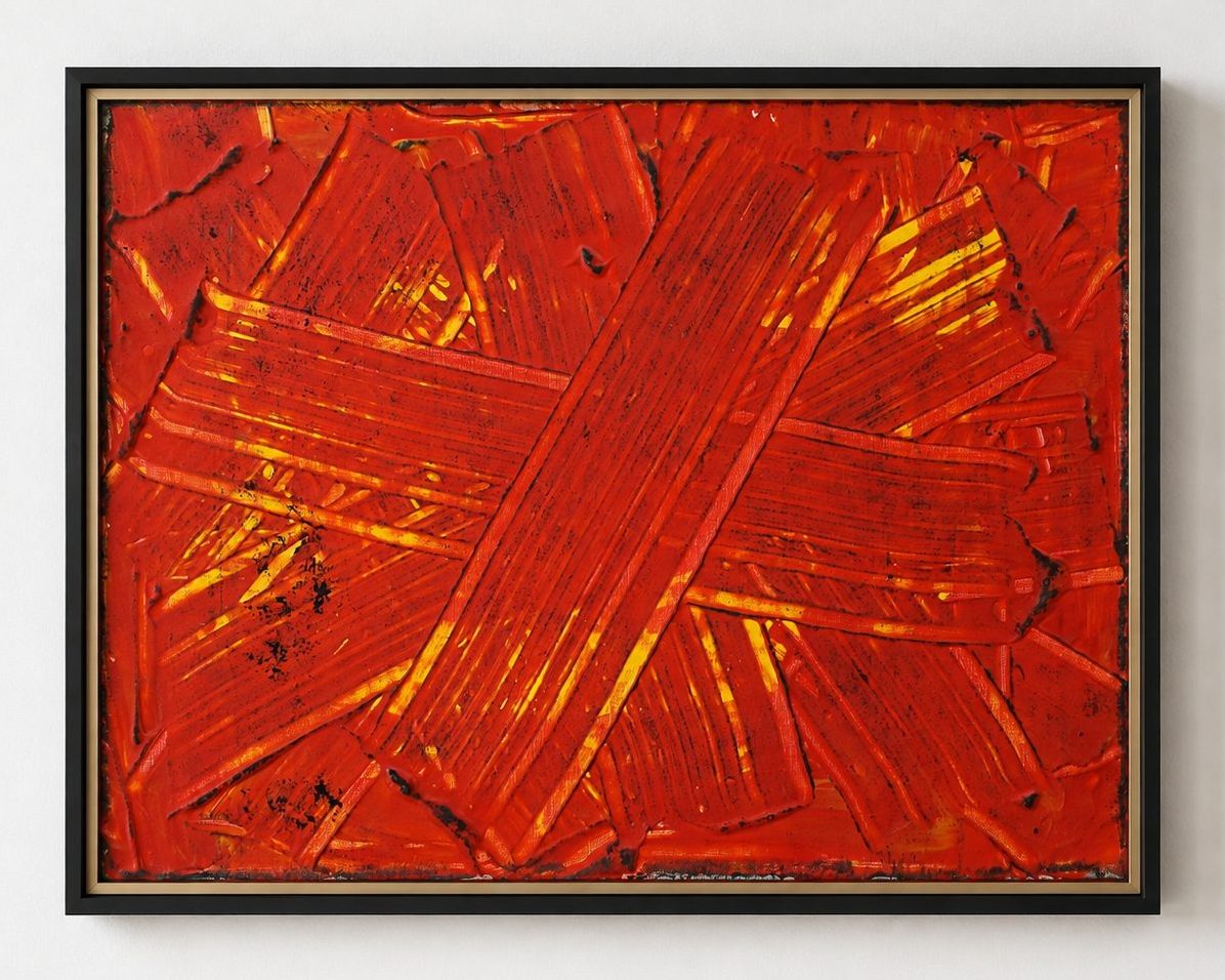 A red field with a scored orange cross, in a black frame