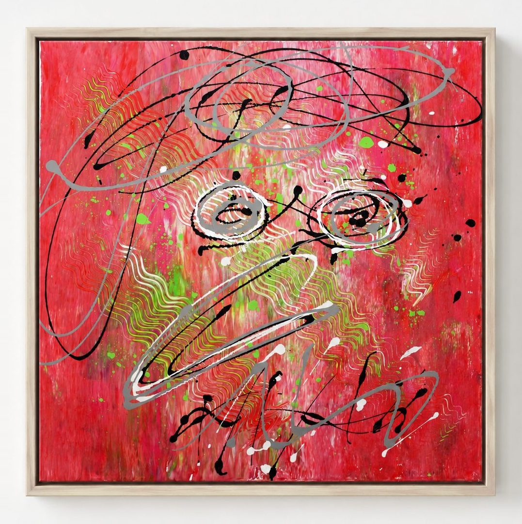 A drawn face in black line on a red ground, in a pale frame