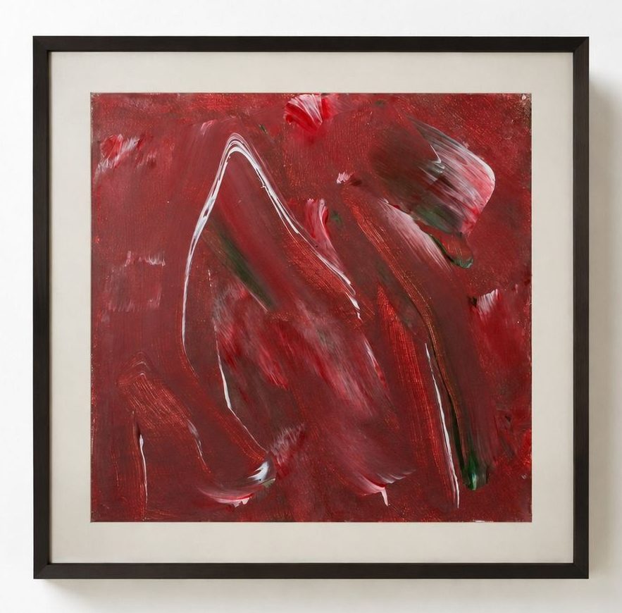 A deep red work with white and green strokes, in a black frame