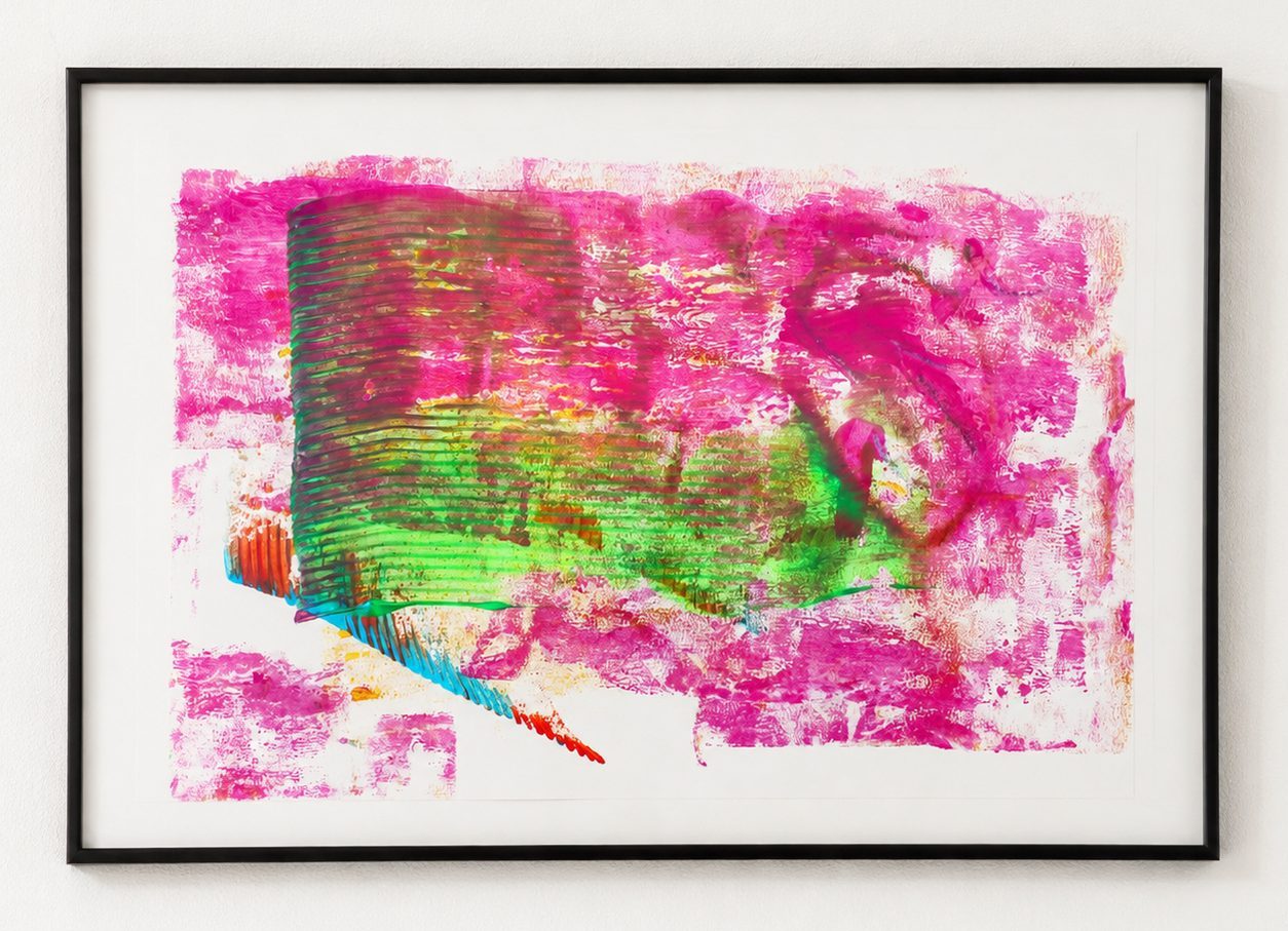 A green band through a magenta field, in a black frame