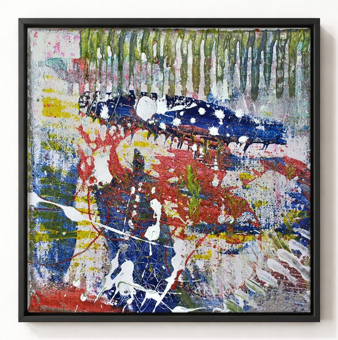 Blue and red marks under a green comb, in a black frame