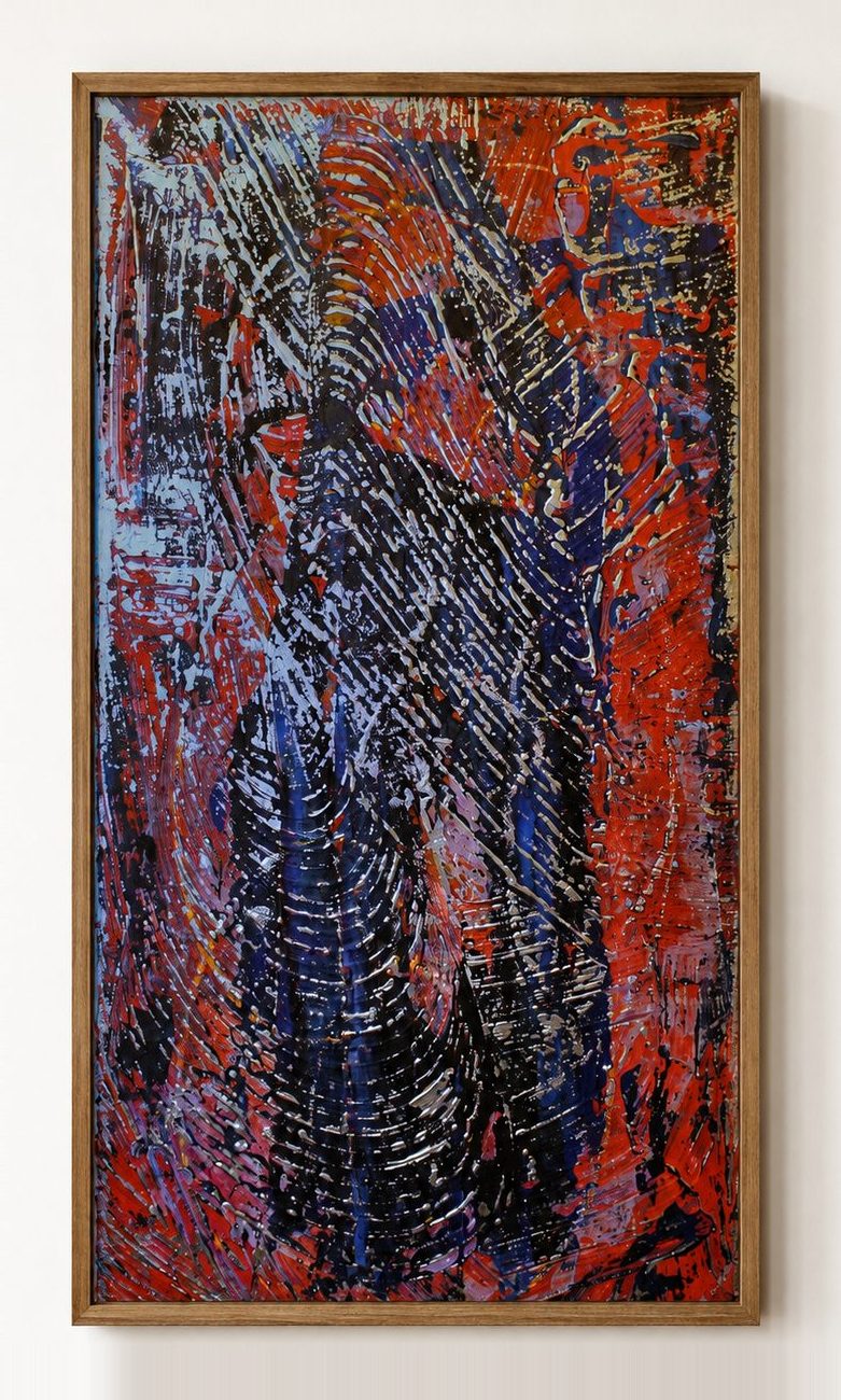 A tall dark red and blue panel, in a pale oak frame