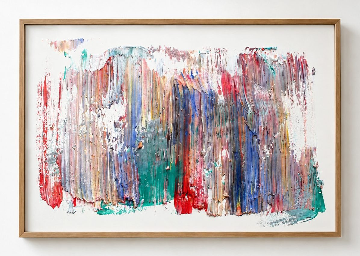 Vertical strokes in many colours across white paper, in an oak frame
