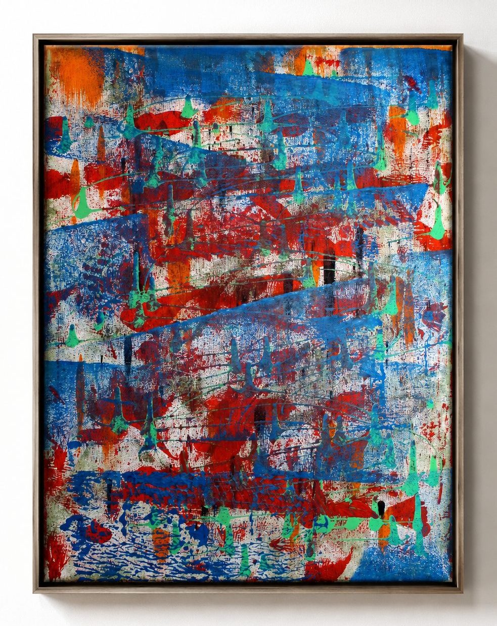 Blue and red patches over a dark ground, in a black frame