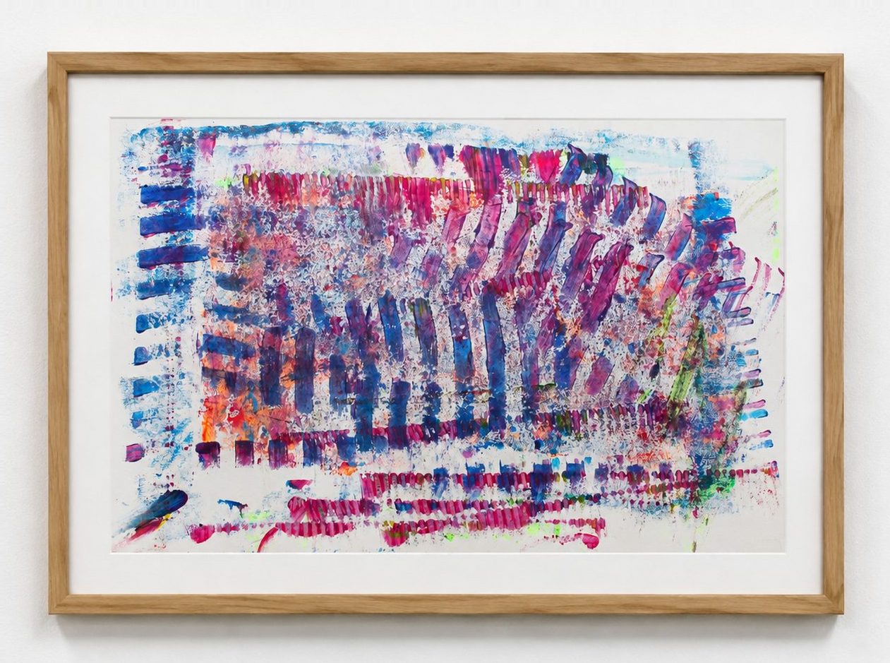 Blue and pink combed strokes on white paper, in an oak frame