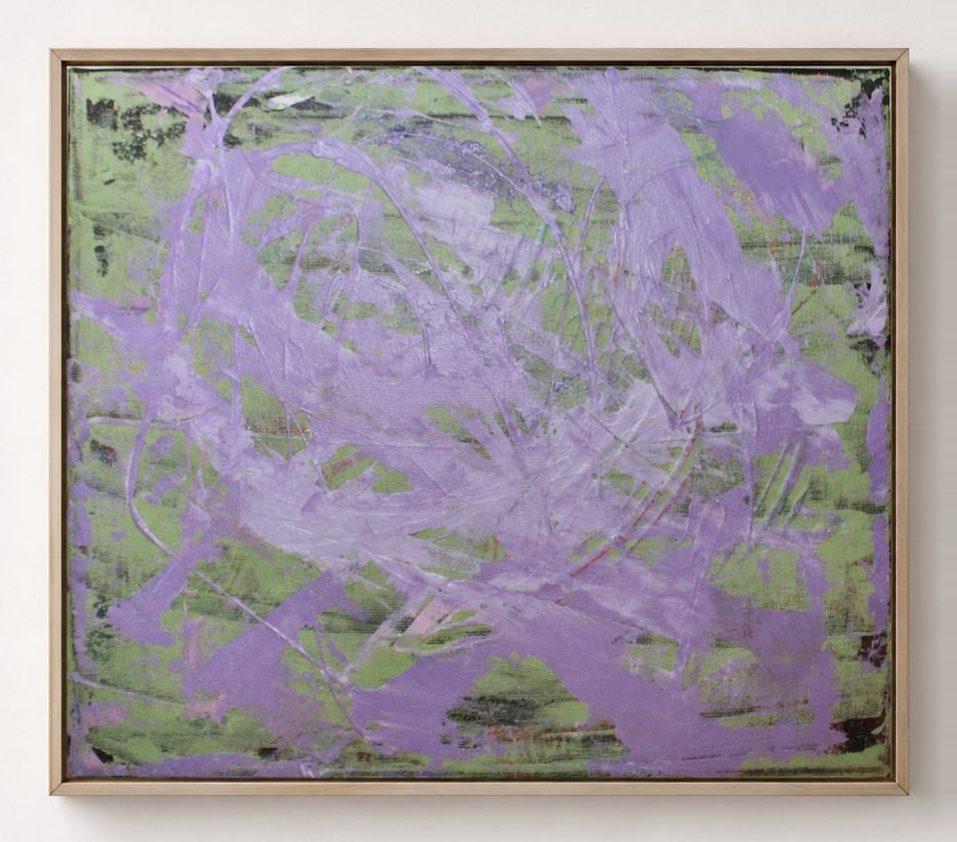 A lilac form on a pale green ground, in a pale oak frame