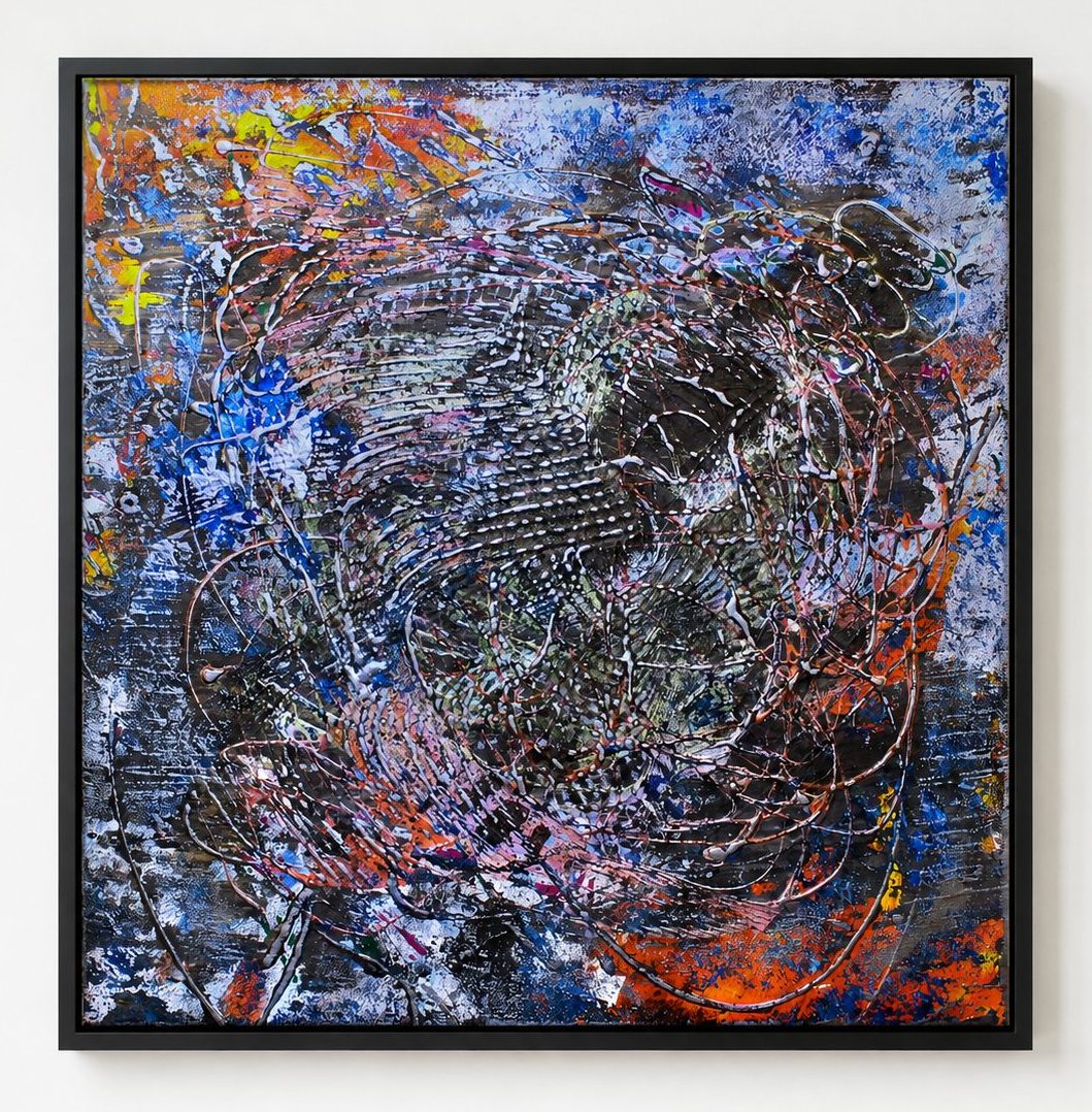 Blue and orange marks over a dark combed ground, in a black frame