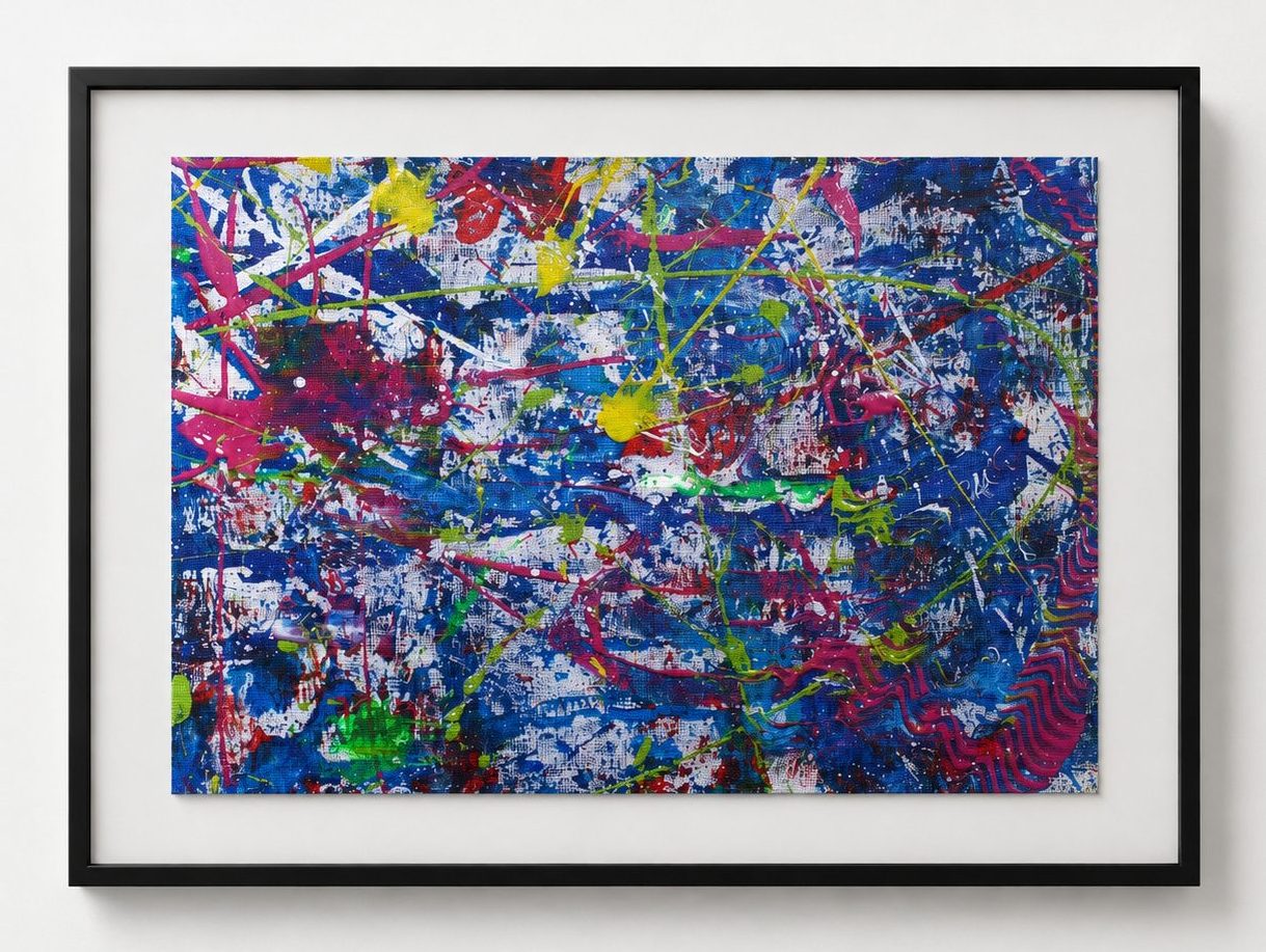 Blue, red and violet spatter on paper, in a black frame