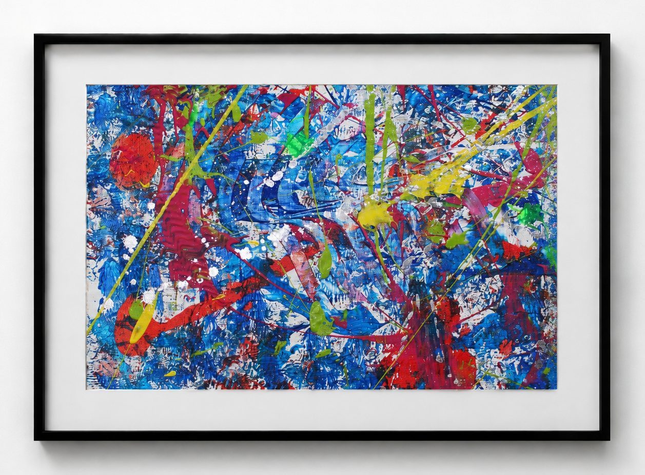 Dense blue and red spatter on paper, in a black frame