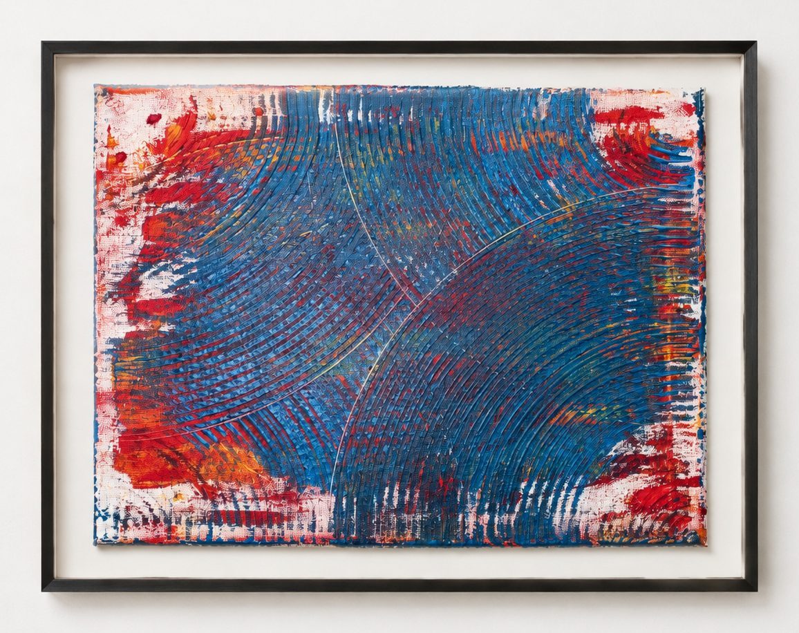 A blue combed disc over red edges, in a black frame