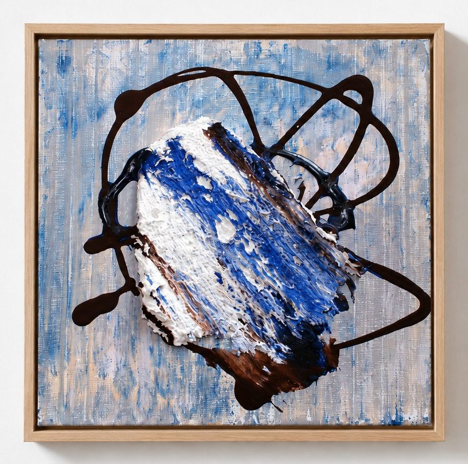 A white brushed form with a black loop on blue, in a pale oak frame
